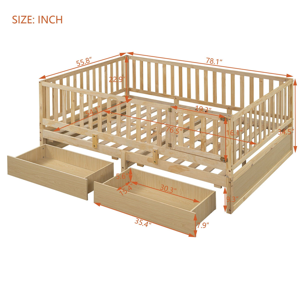 Daybed With Fence Guardrails And 2 Drawers, Split Into Independent Floor Bed & Daybed
