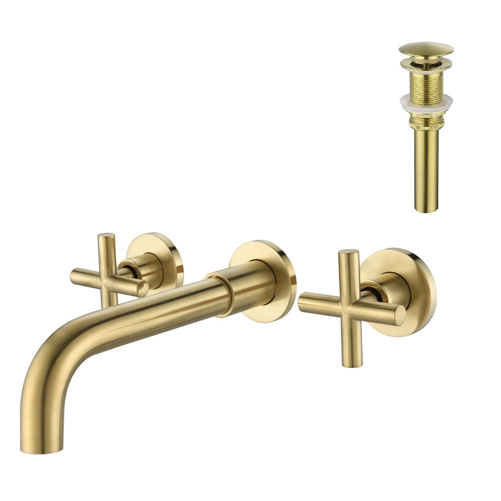 Wall Mounted Dual Handle Bathroom Sink Faucet with Pop-Up Drain (No Overflow)
