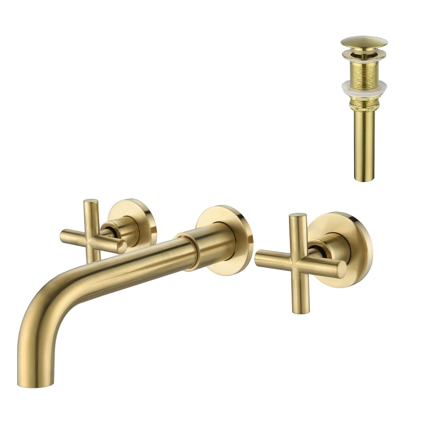 Wall Mounted Dual Handle Bathroom Sink Faucet with Pop-Up Drain (No Overflow)