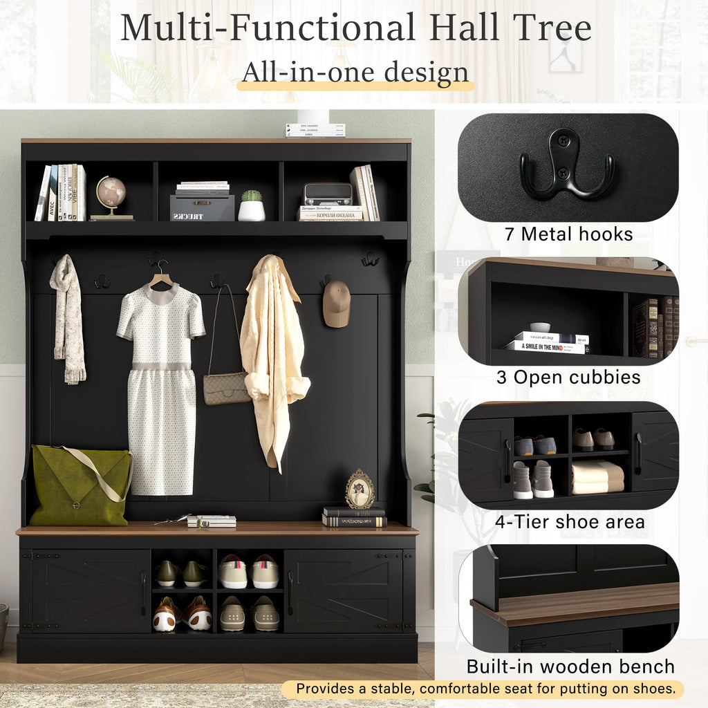 Vibe Haus 71''H Farmhouse Hall Tree with Bench and Shoe Storage