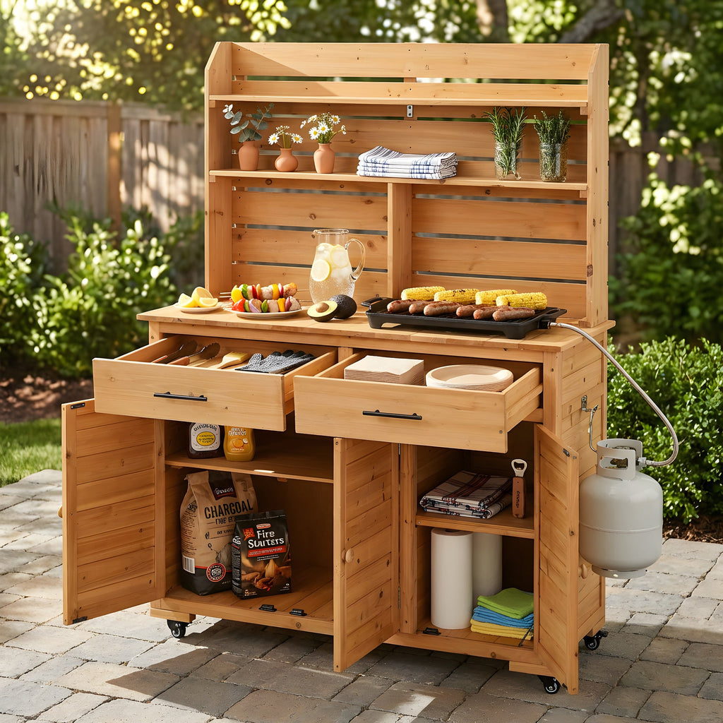 TOPMAX 65''H Large Garden Potting Bench with Lockable Wheels and Storage Cabinet