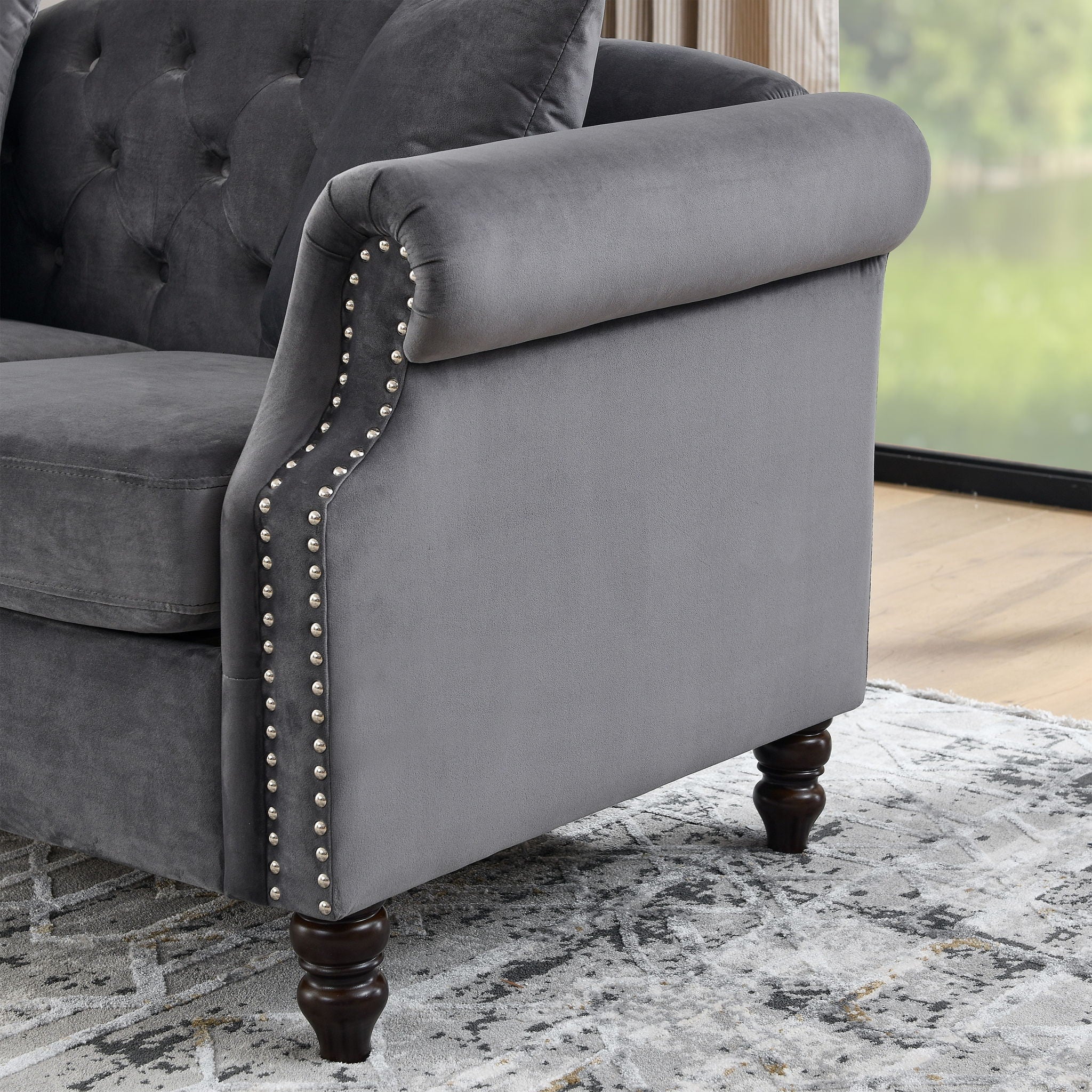 2 Seater Chesterfield Sofa With Rolled Arms And Nailhead Trim For Living Room