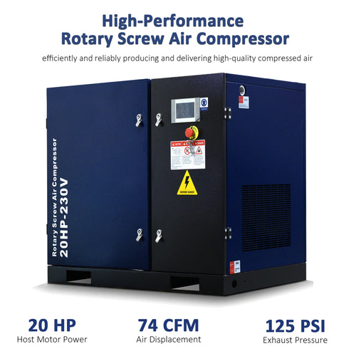 20HP Rotary Screw Air Compressor, 74 CFM, 125 PSI, Industrial-Grade