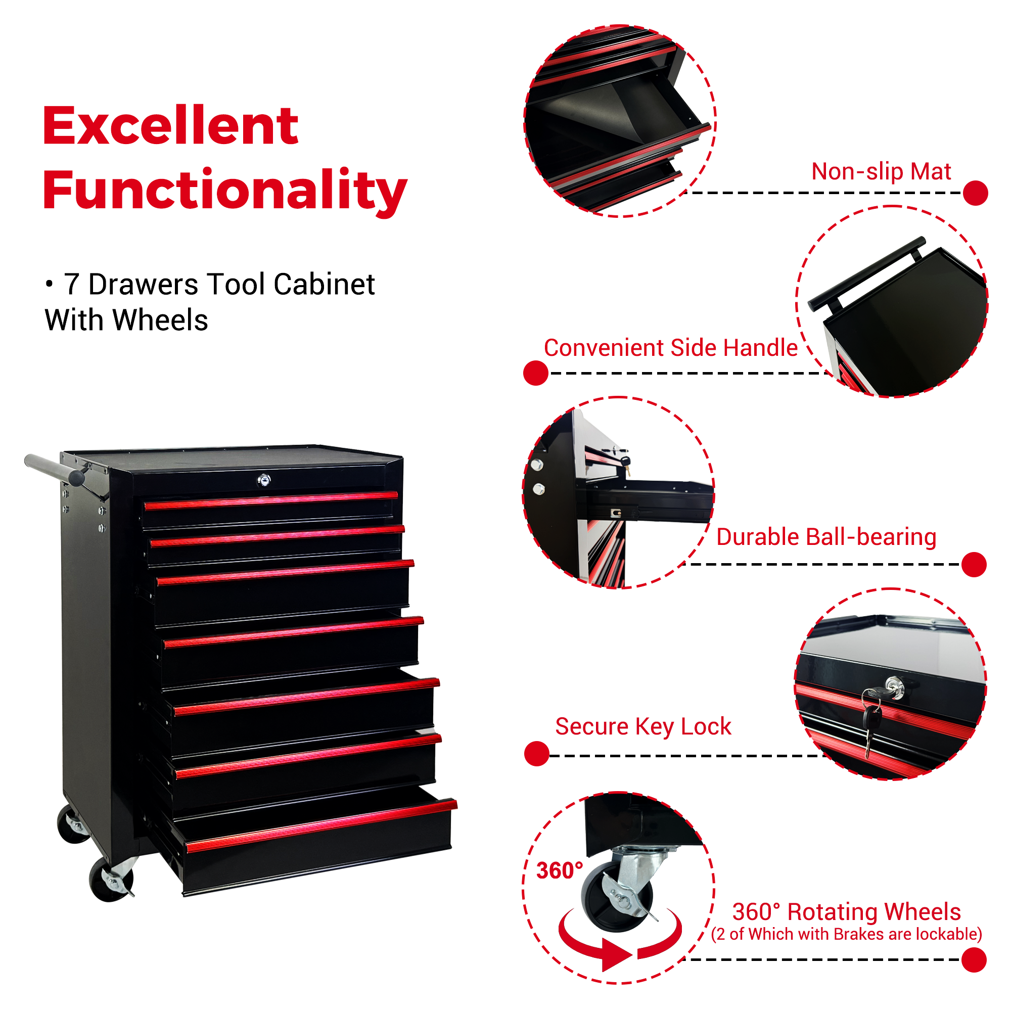Rolling Metal Tool Chest with 7 Drawers - Black