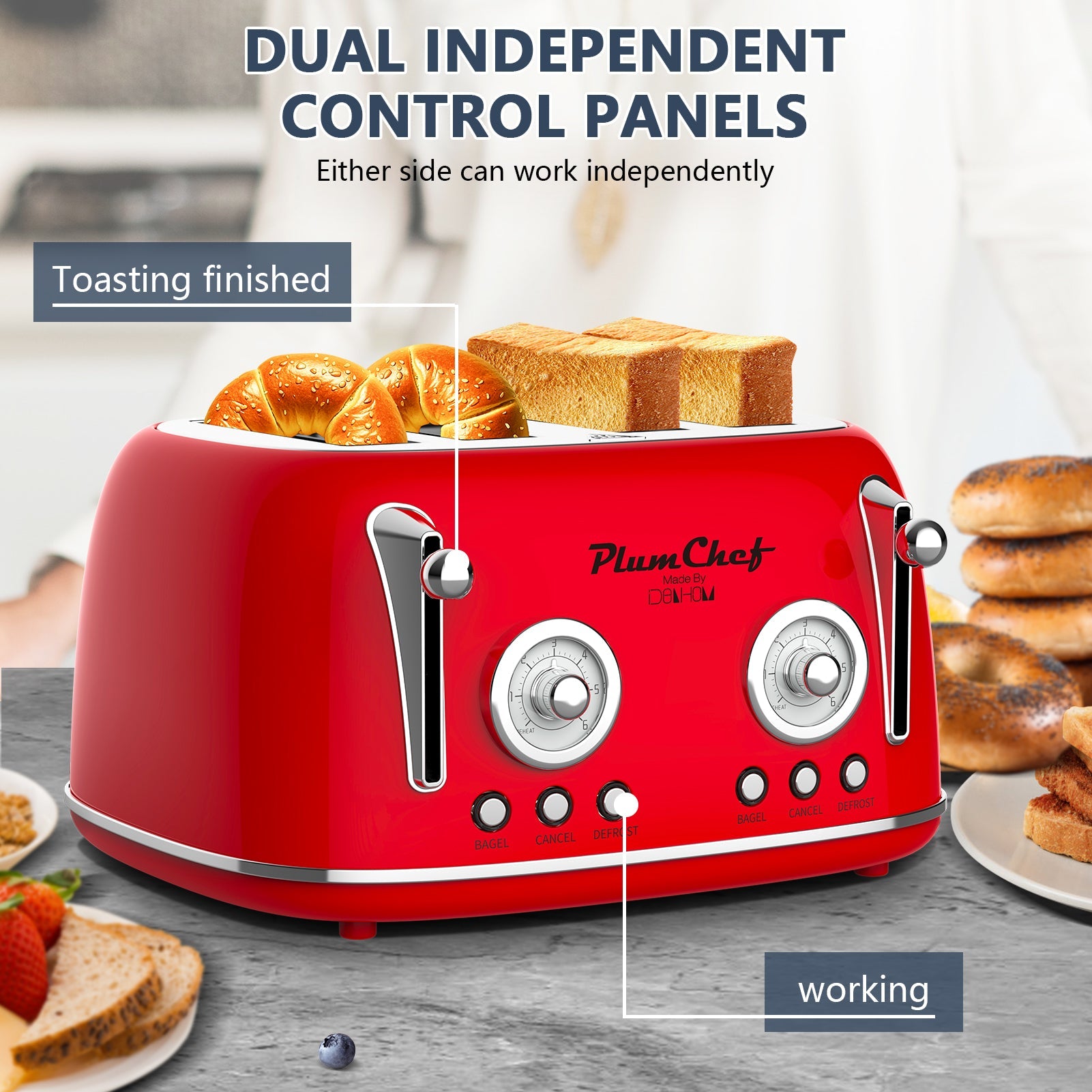 4 Slice Retro Style Toaster, Dual Control, 6 Browning Settings