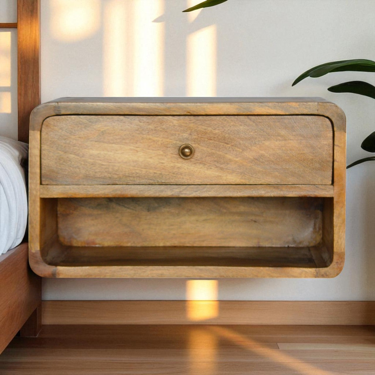 Solid Wood Floating Curve Open Slot Nightstand