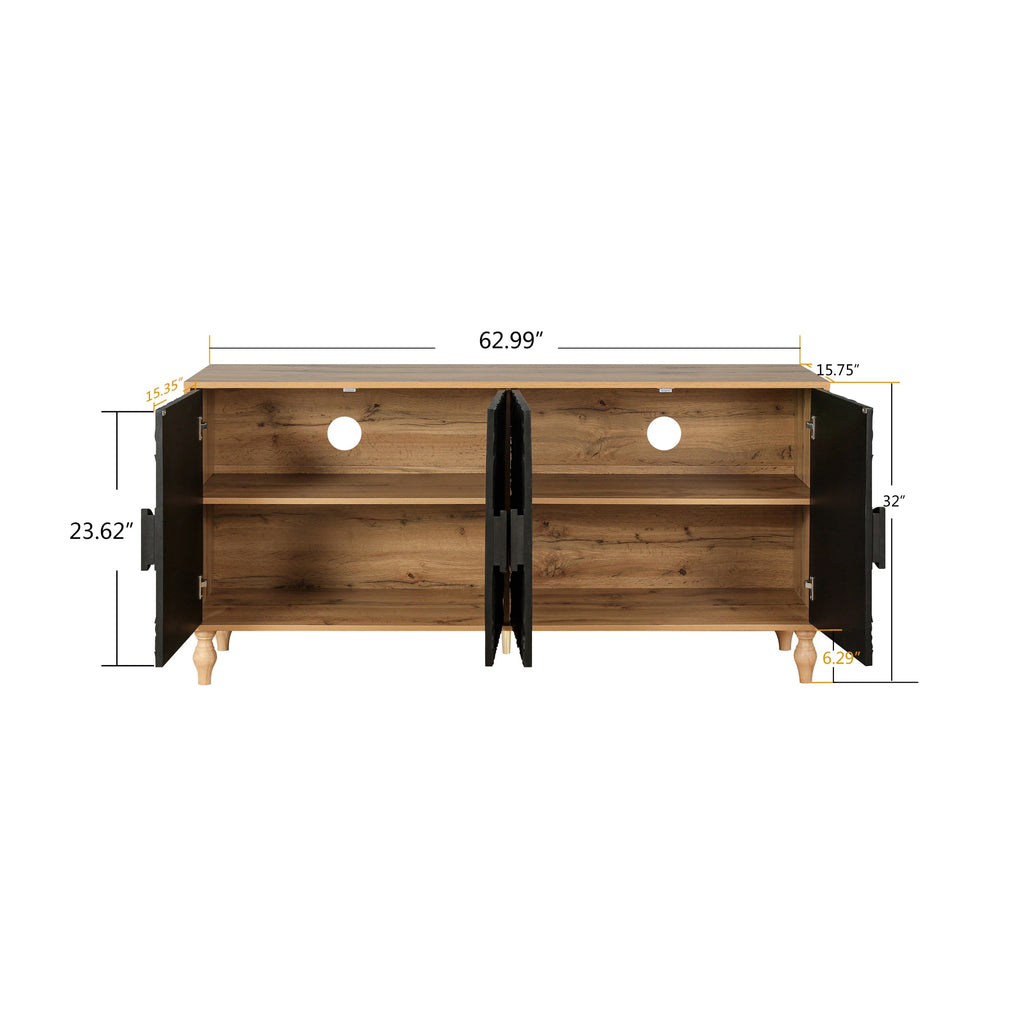 Black Carved Symmetrical Design Door And Wood Coloured Frame TV Stand