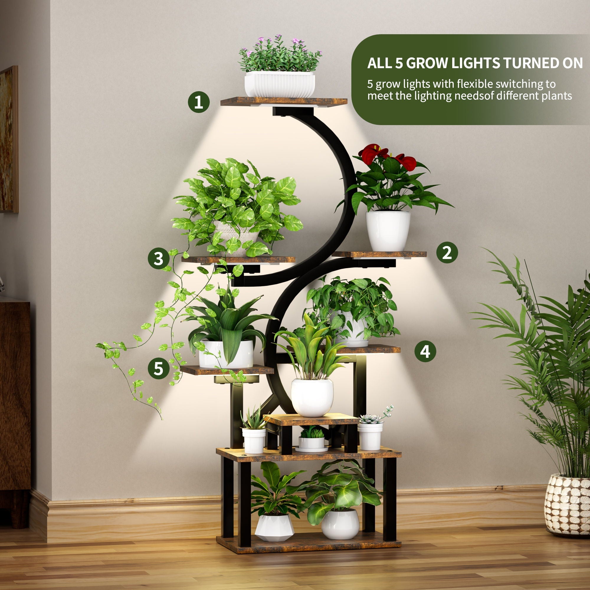 8 Tier Indoor Plant Stand With 5 Grow Lights For Living Room - Rustic Brown