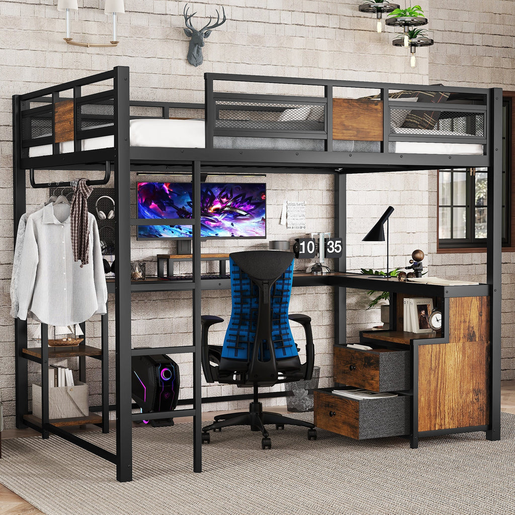 Queen Loft Bed with Desk and Storage
