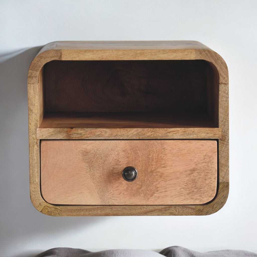 Extra Mini Wall-Mounted Curved Oak-ish Nightstand with Open Slot, 1-Drawer