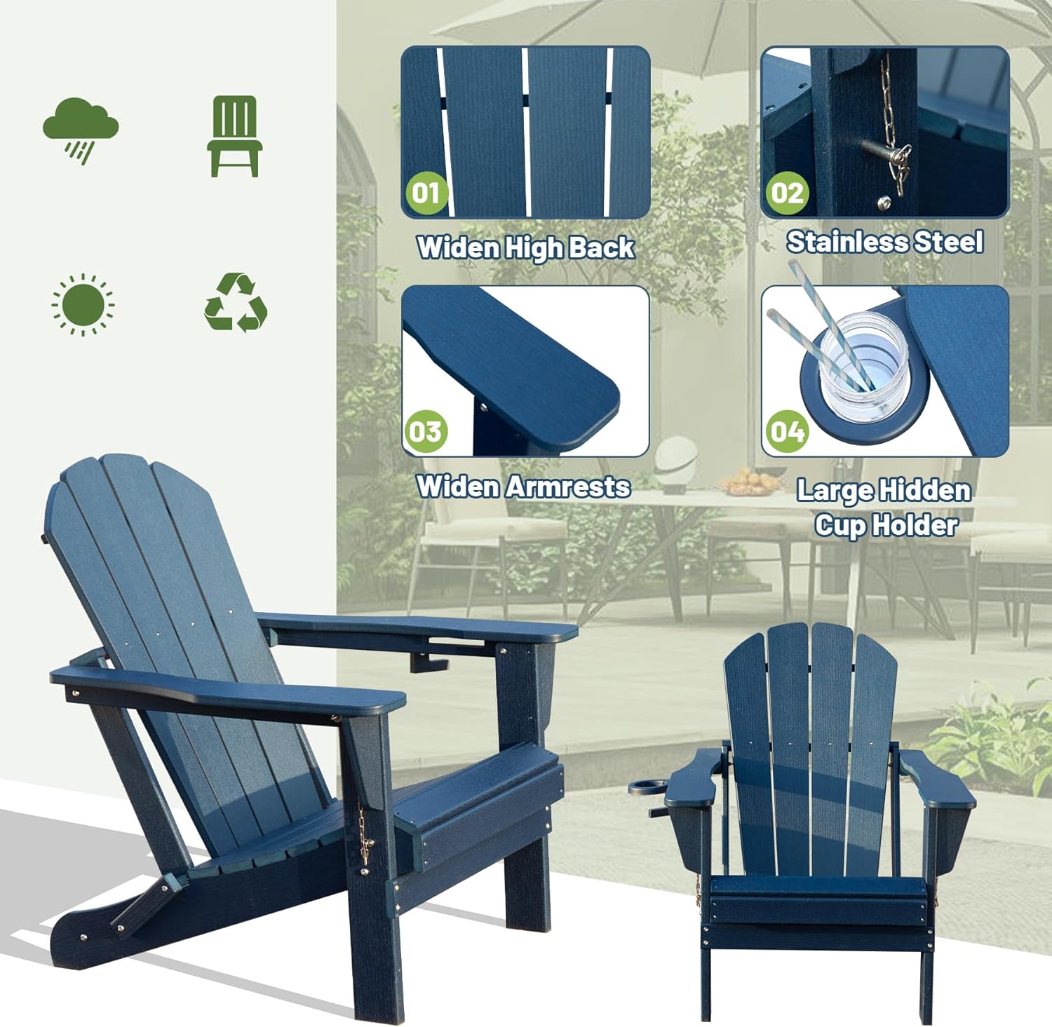 Adirondack Chair with Foldable Design and Built-In Cup Holder
