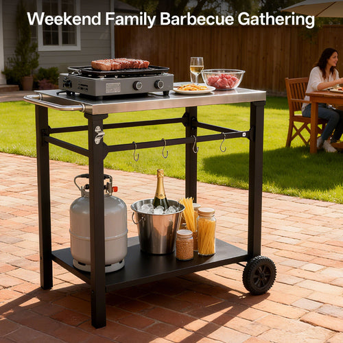 2-Tier Outdoor Grill Cart with Stainless Steel Top, Large Wheels & Tool Hooks