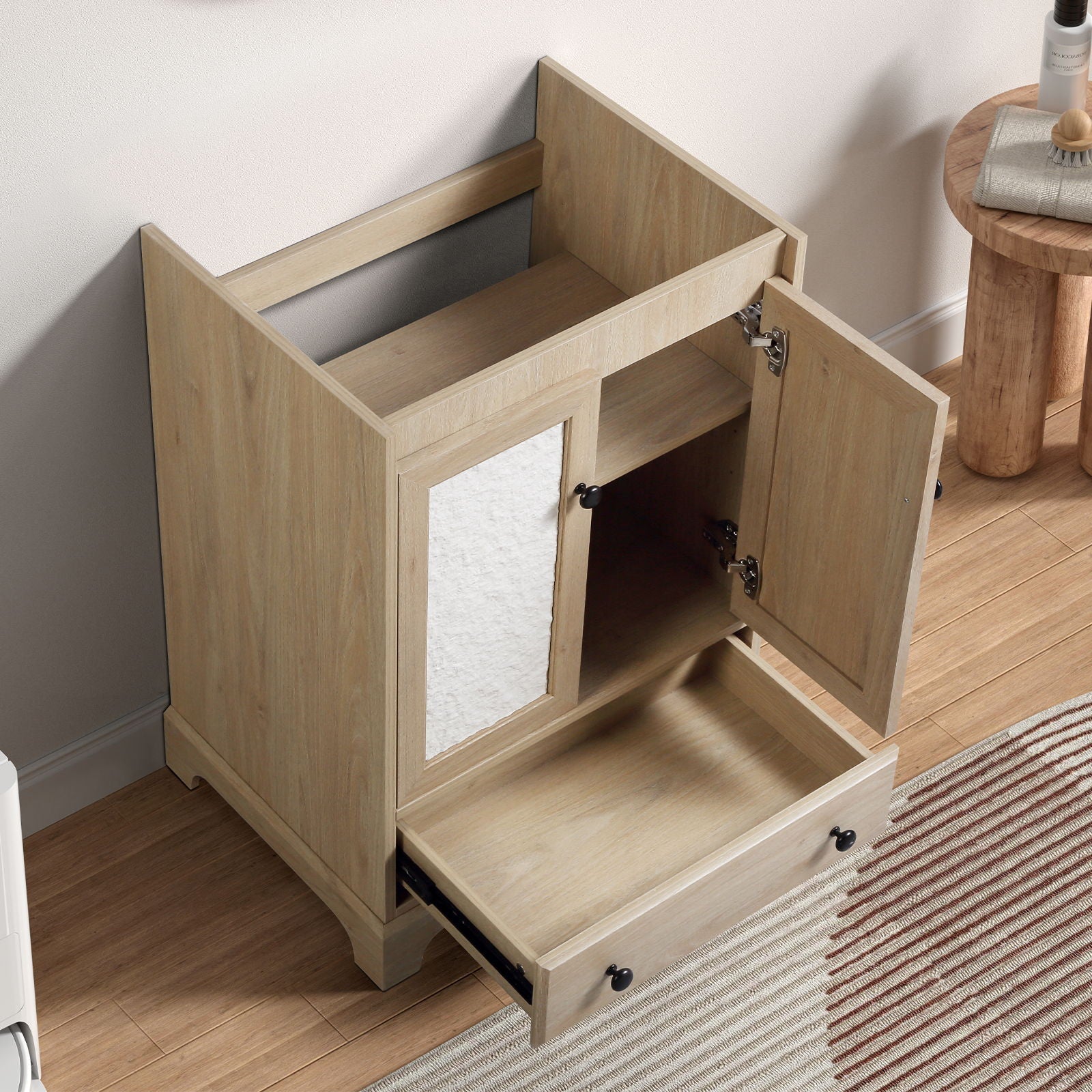 Bathroom Vanity Base, Cabinet With Carved Floral Doors - Natural Wood