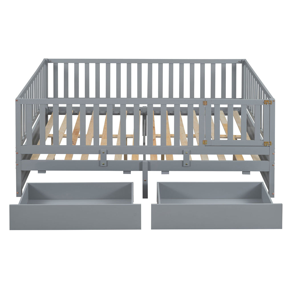 Daybed With Fence Guardrails And 2 Drawers, Split Into Independent Floor Bed & Daybed