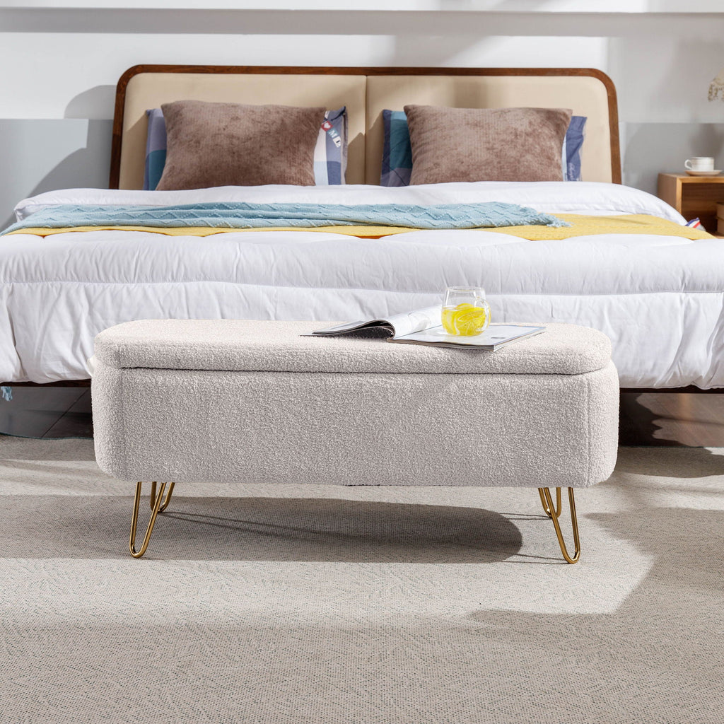 Storage Ottoman Bench For End Of Bed Legs, Modern Camel Faux Fur Entryway Bench Upholstered Padded With Storage For Living Room Bedroom