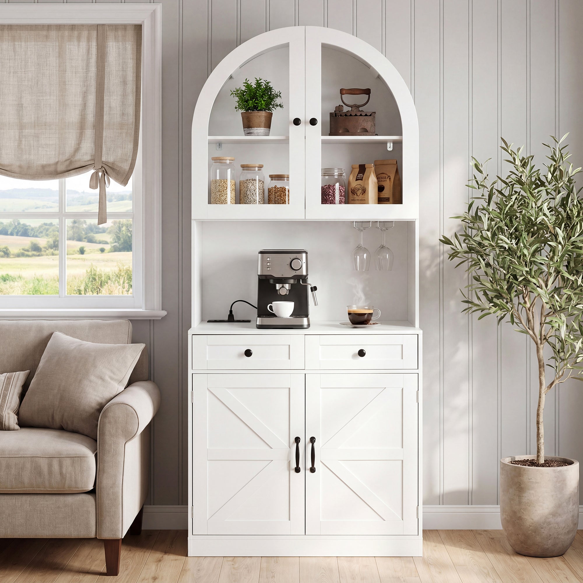75" Farmhouse Tall Arched Pantry Cabinet with Charging Station