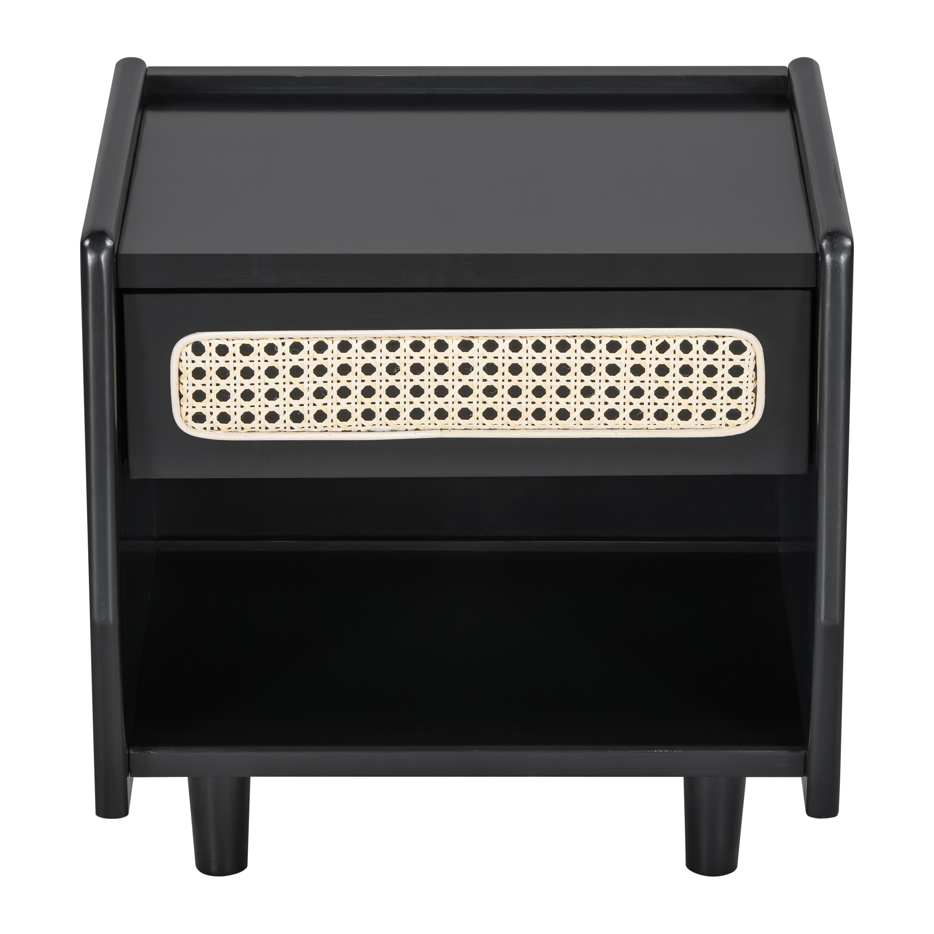 Black Nightstand with Rattan Detail