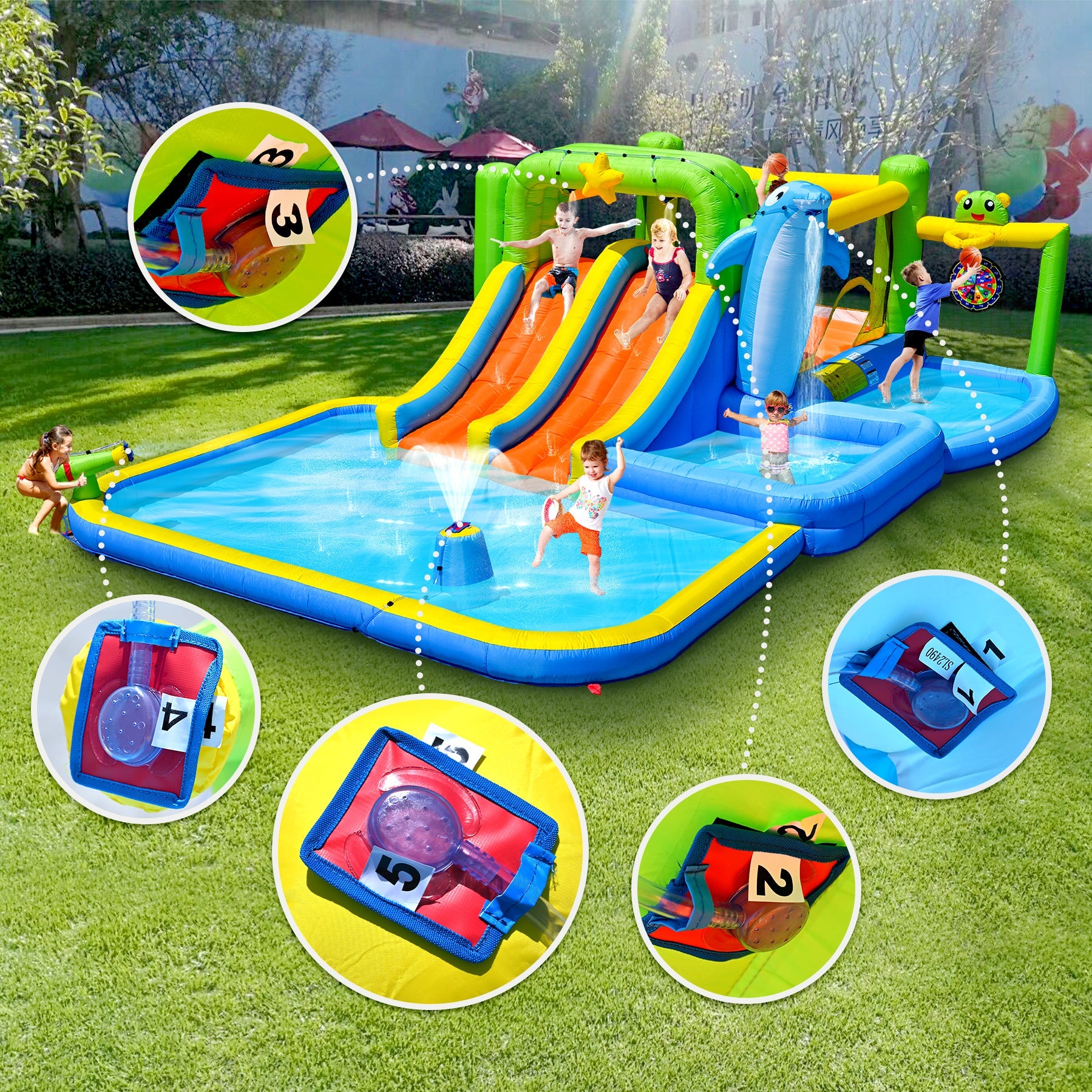 9-in-1 Inflatable Bounce House with Water Features for Kids