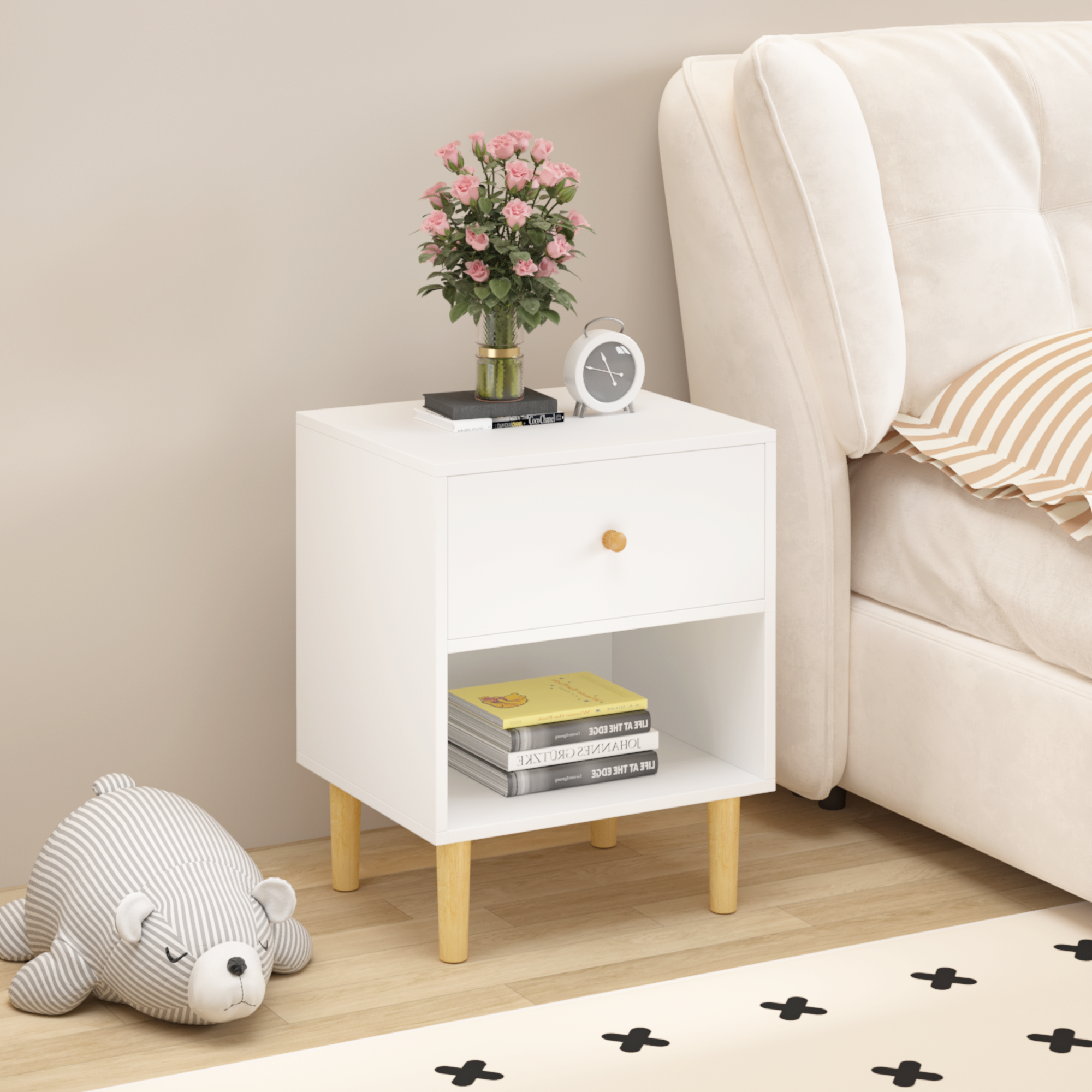23.22"H Wooden Nightstand with One Drawer and Shelf
