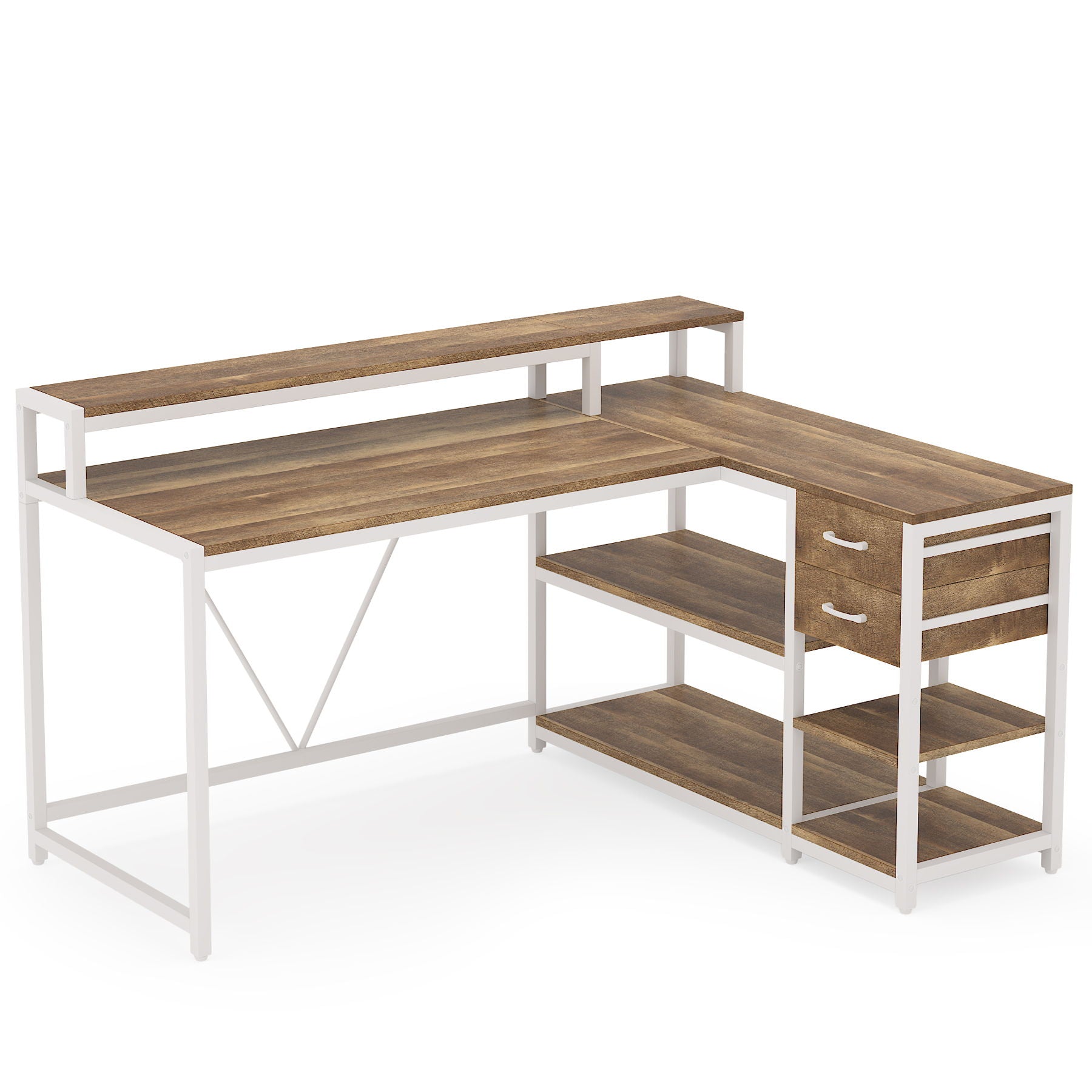 L-Shaped Home Office Desk With Monitor Riser, Drawers, And Storage Shelves