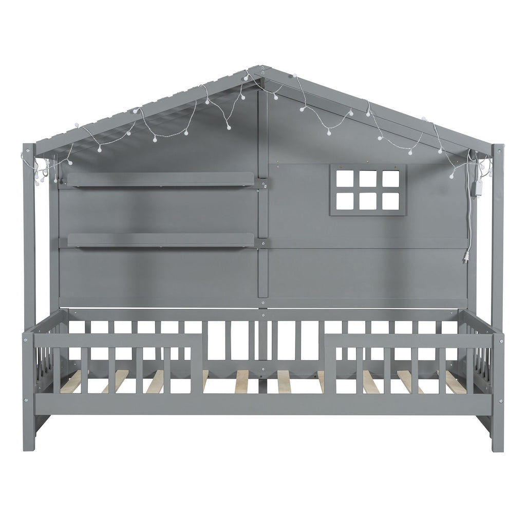 House Bed With Shelves, Window And Sparkling Light Strip On The Roof