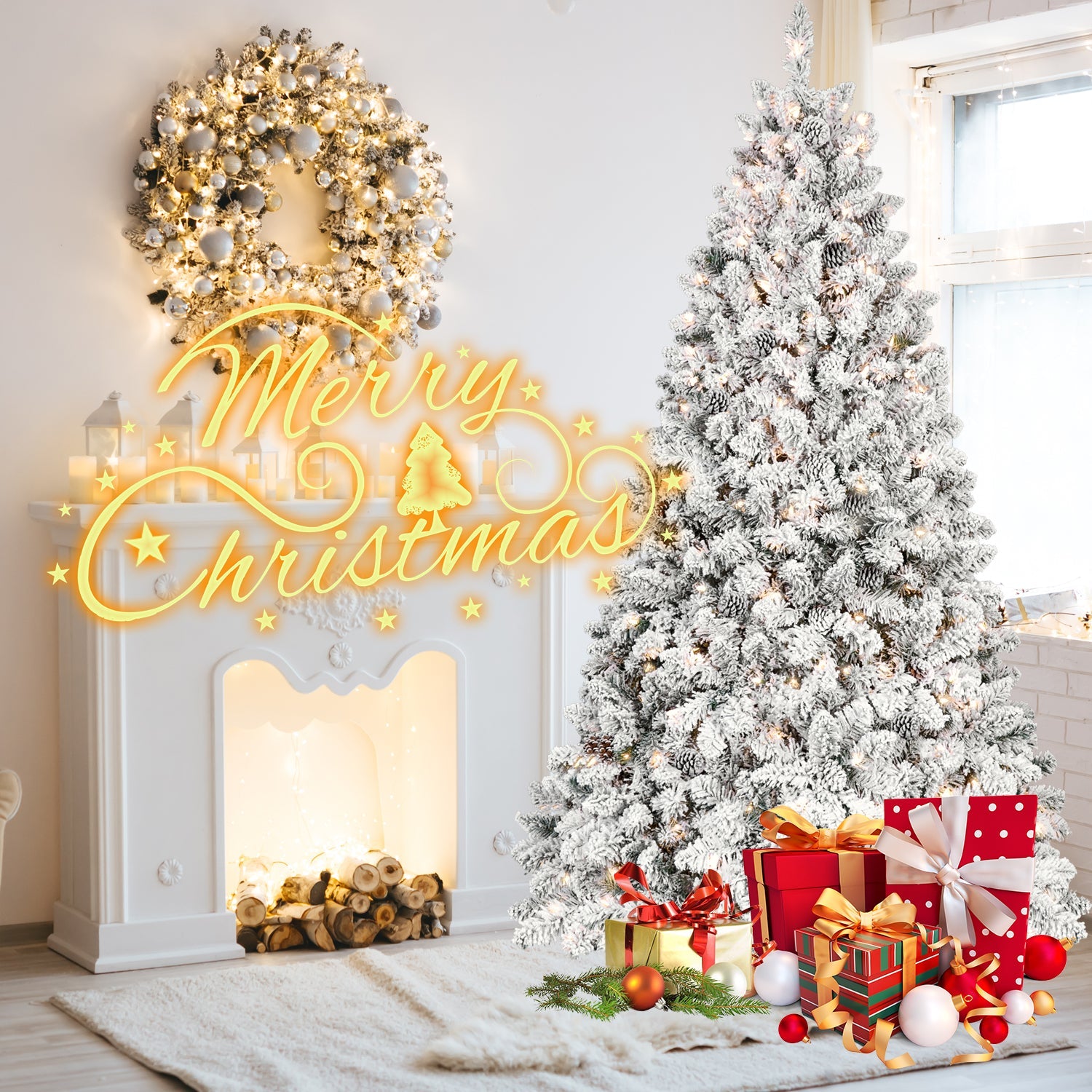 8FT Flocked Christmas Tree with 700 UL Lights