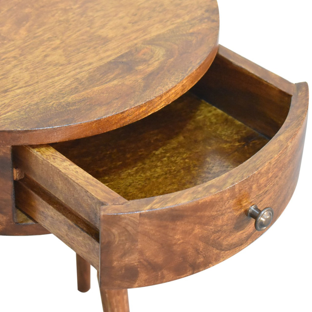 Solid Wood Chestnut Semi Circle Nightstand, 1-Drawer, Nordic Legs