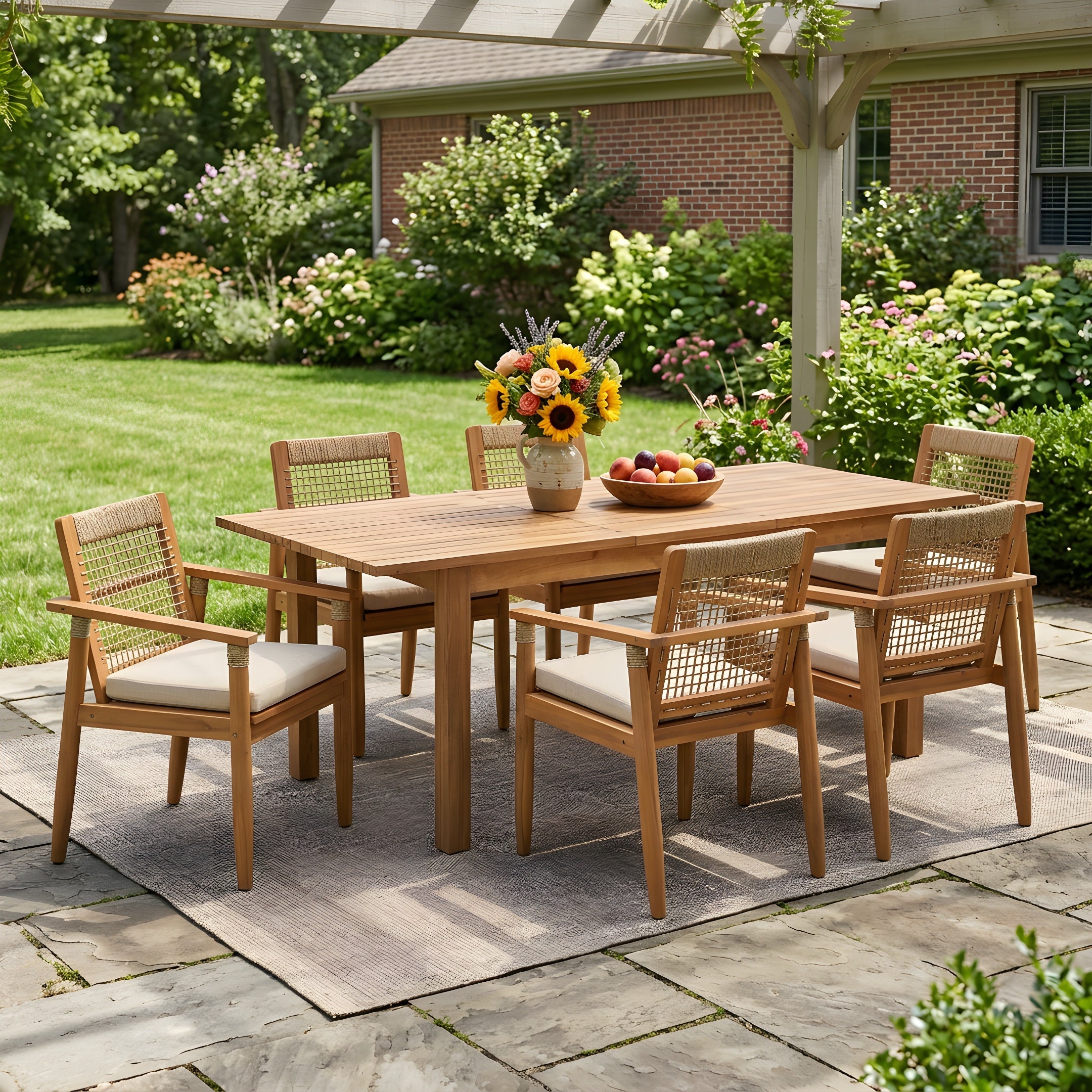 7 Pieces Acacia Wood Outdoor Dining Set with Cushions