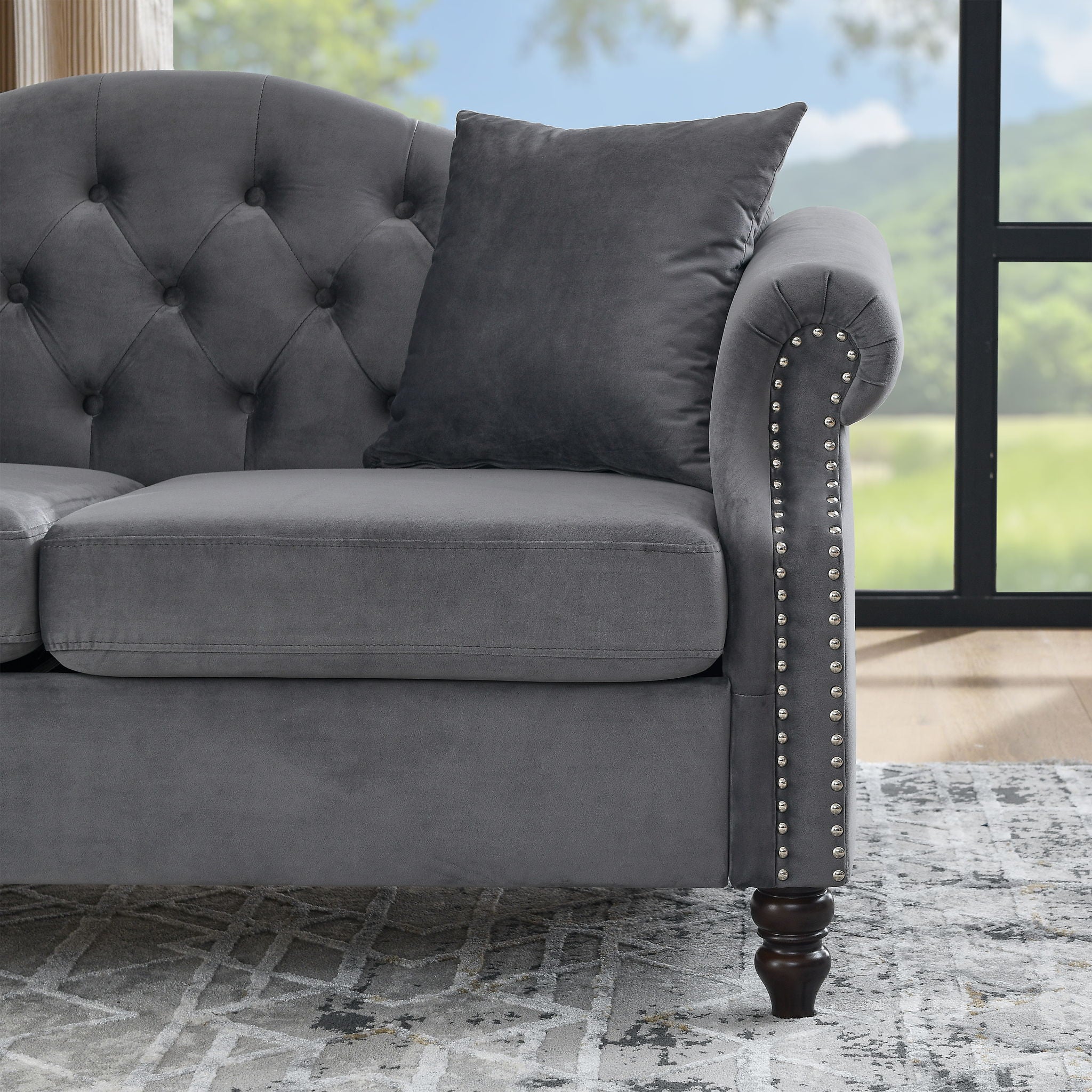 2 Seater Chesterfield Sofa With Rolled Arms And Nailhead Trim For Living Room