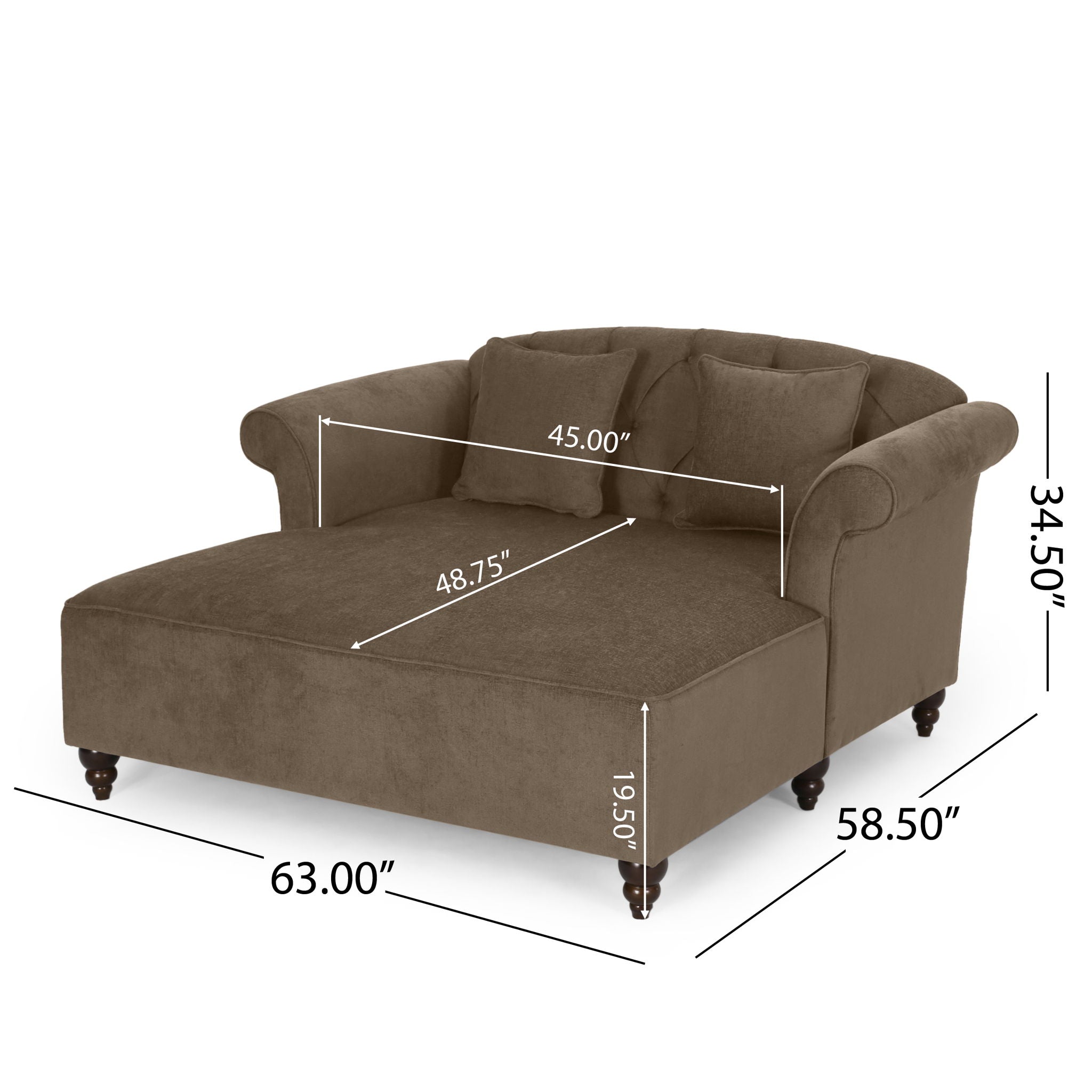 Upholstered Chaise Lounge With Scroll Arms, Turned Legs And 2 Pillows