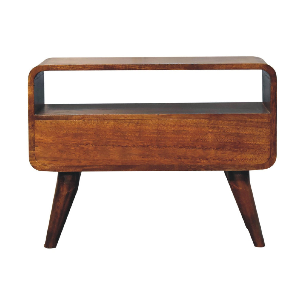 Solid Wood Mini Curved Media Unit, Chestnut, 1-Drawer, 1 Open Slot