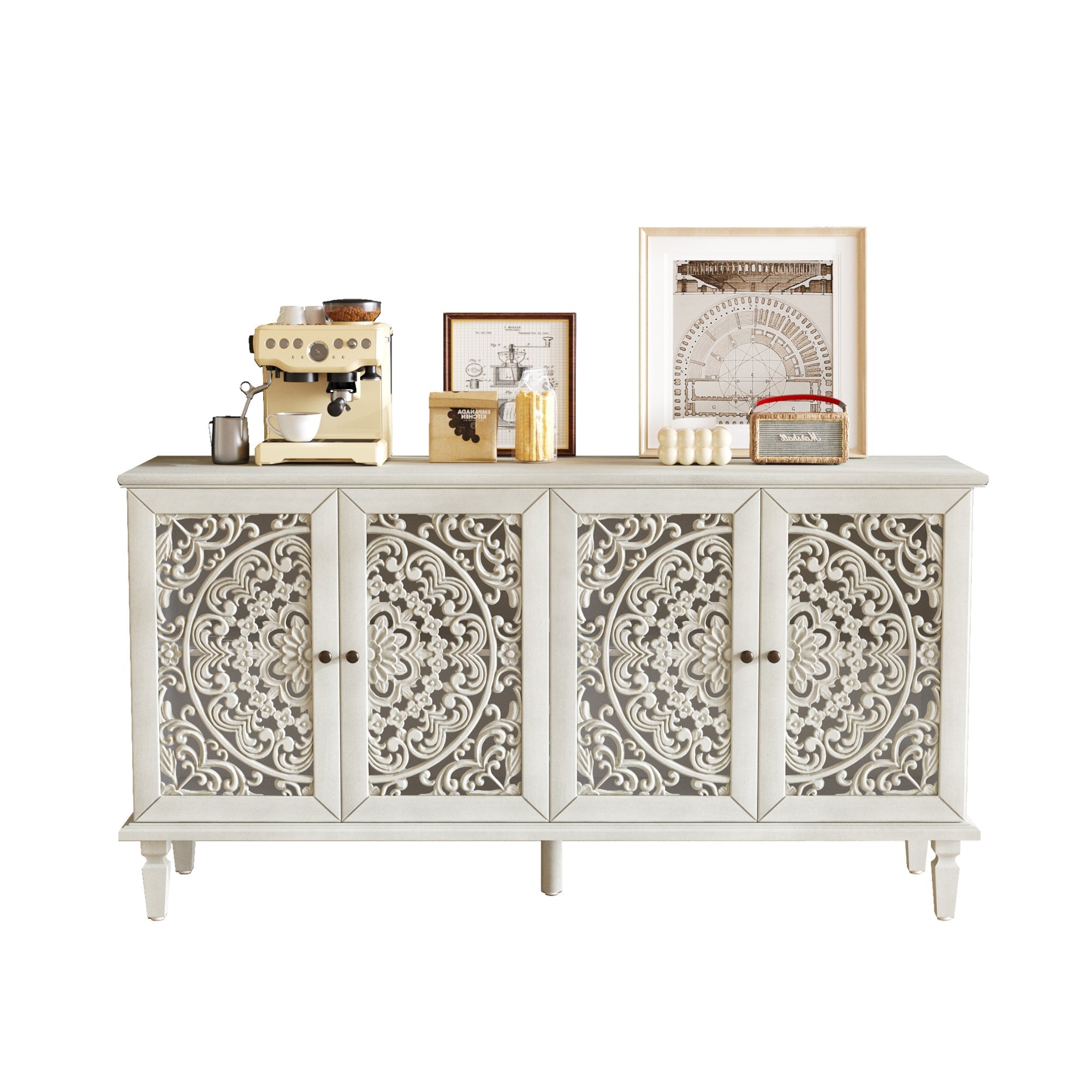 60" Antique Buffet Cabinet with Floral Carvings and Solid Wood Legs