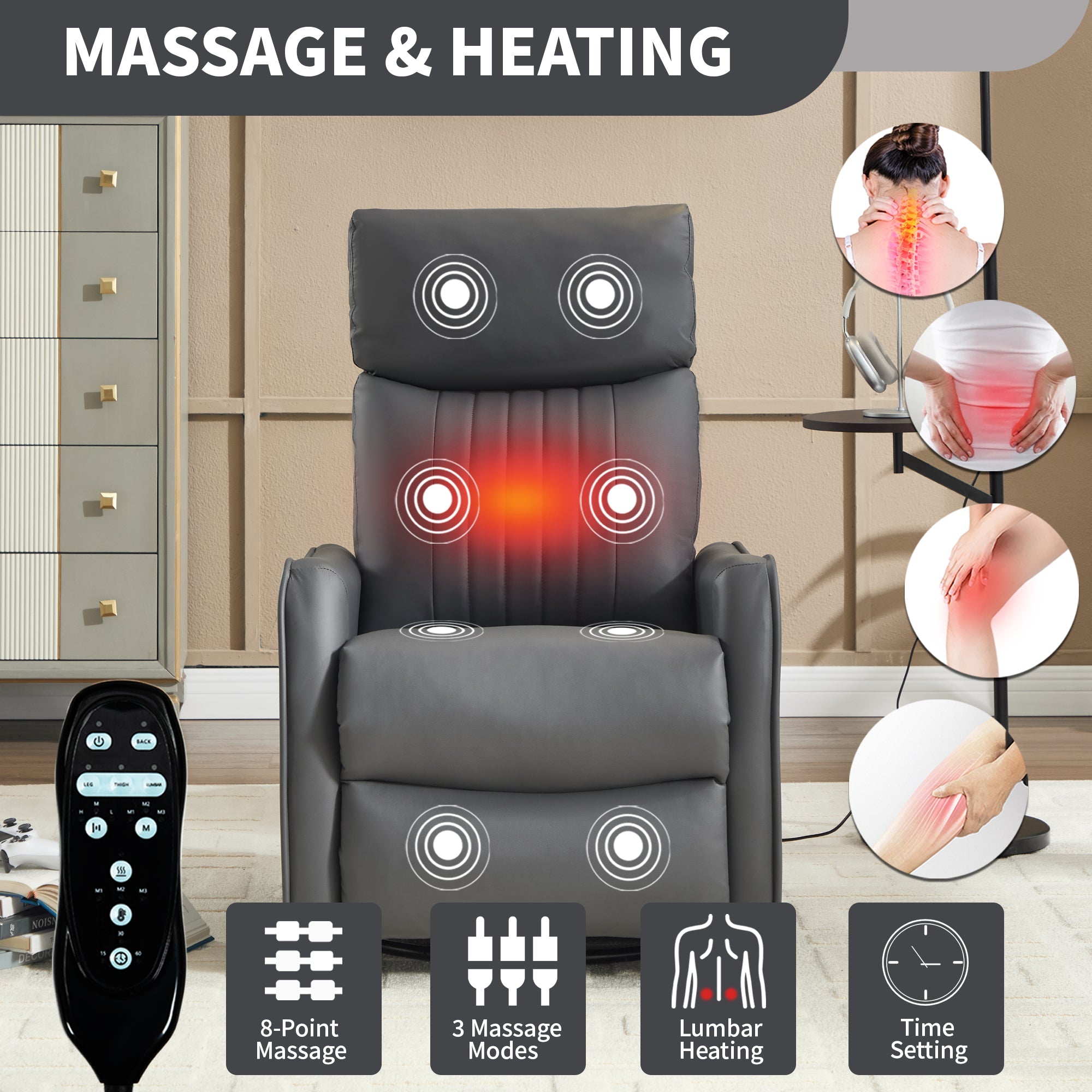 Grey Faux Leather Heat Massage Manual Recliner Chair with Rocker and Swivel
