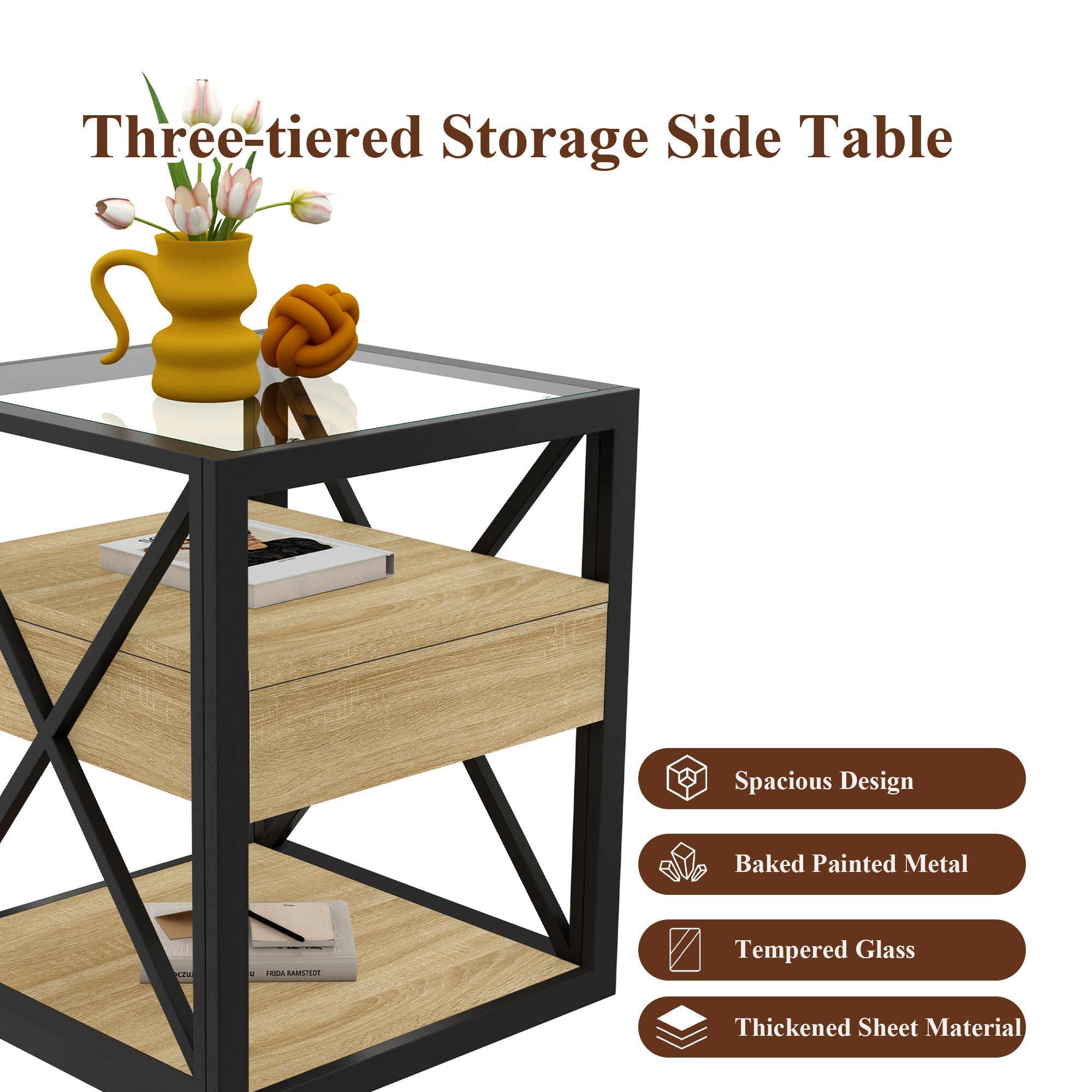 Set of 2 Modern End Tables with Drawer - Nightstands for Bedroom & Living Room