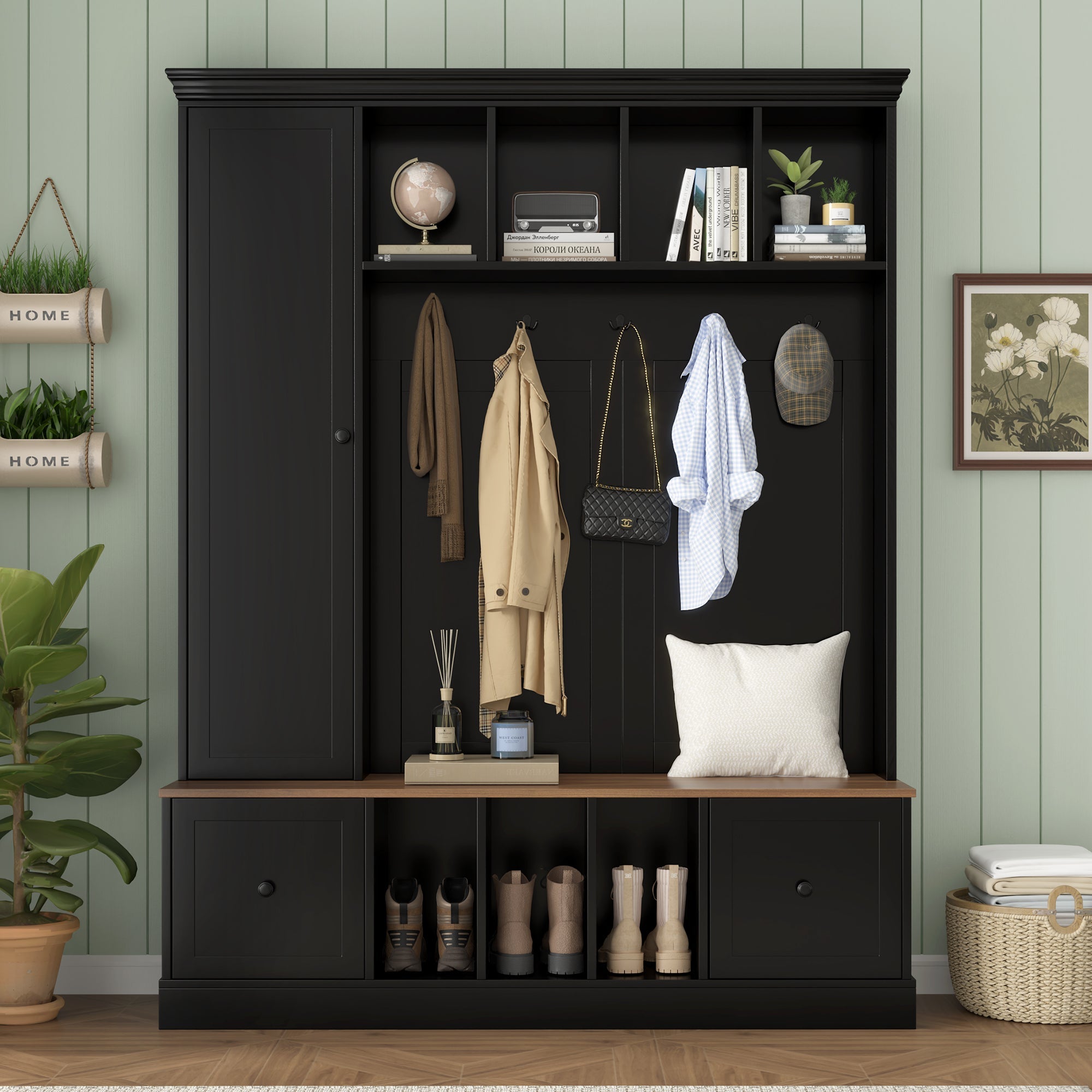 Vibe Haus 62.2'' Farmhouse Hall Tree with Shoe Storage Bench