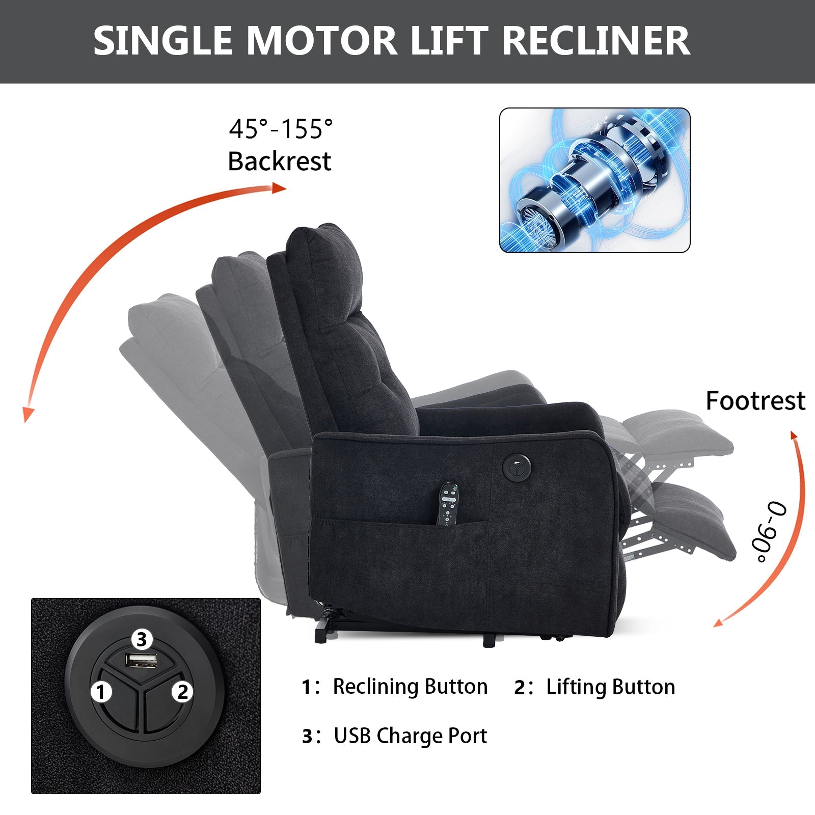 Black Chenille Single Motor Power Lift Recliner Chair