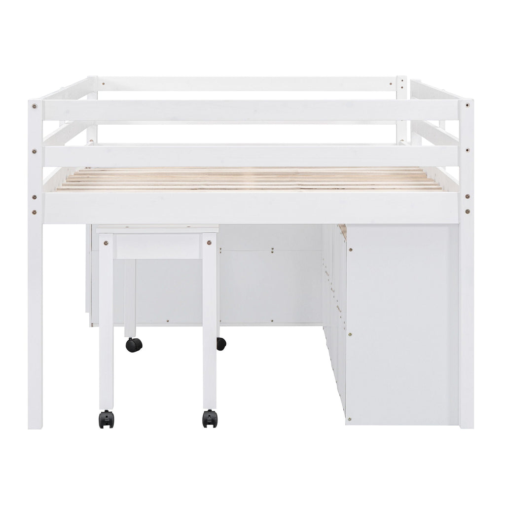 Loft Bed With Retractable Writing Desk And 4 Drawers, With Lateral Portable Desk And Shelves