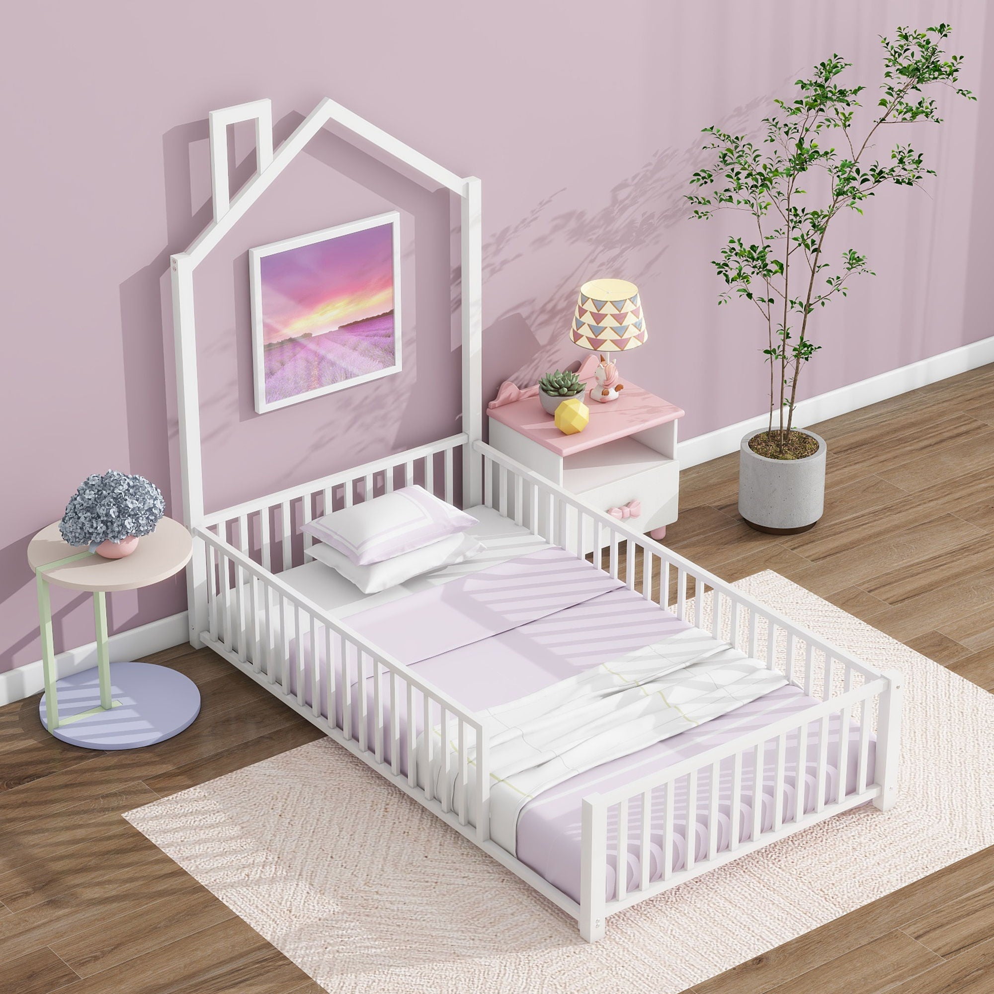Metal House Platform Bed With Guardrail And Chimney
