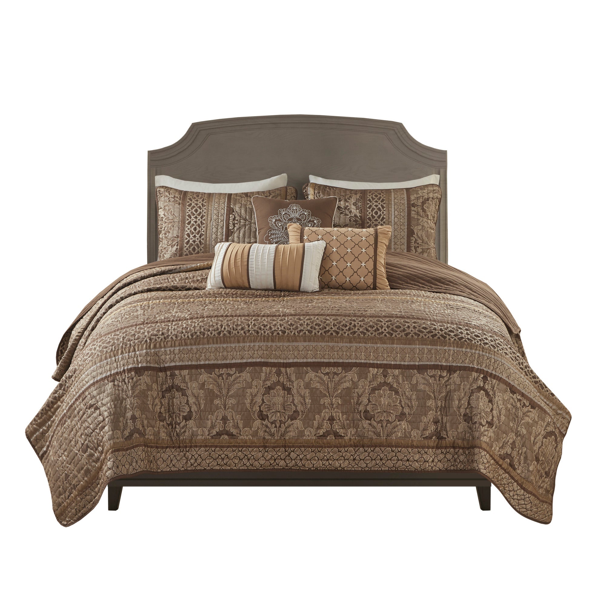 6 Piece Jacquard Quilt Set with Throw Pillows – Brown/Gold King/Cal King