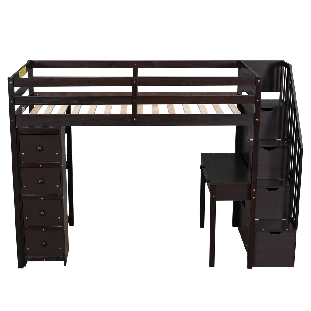 Loft Bed With Storage Drawers, Desk And Stairs With Shelves