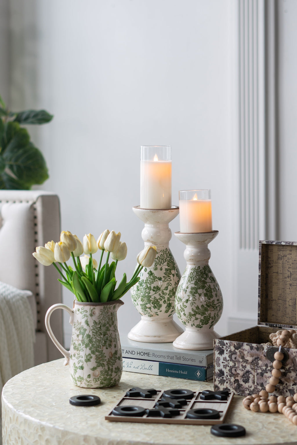 D4.7x10' White Ceramic Candle Holder with Green Floral Patterns, Small