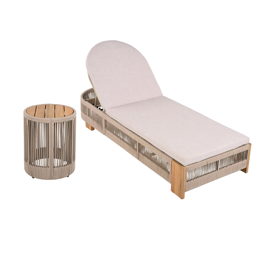 Outdoor Rope Chaise Lounge Set with Adjustable Backrest and Teak Look Side Table