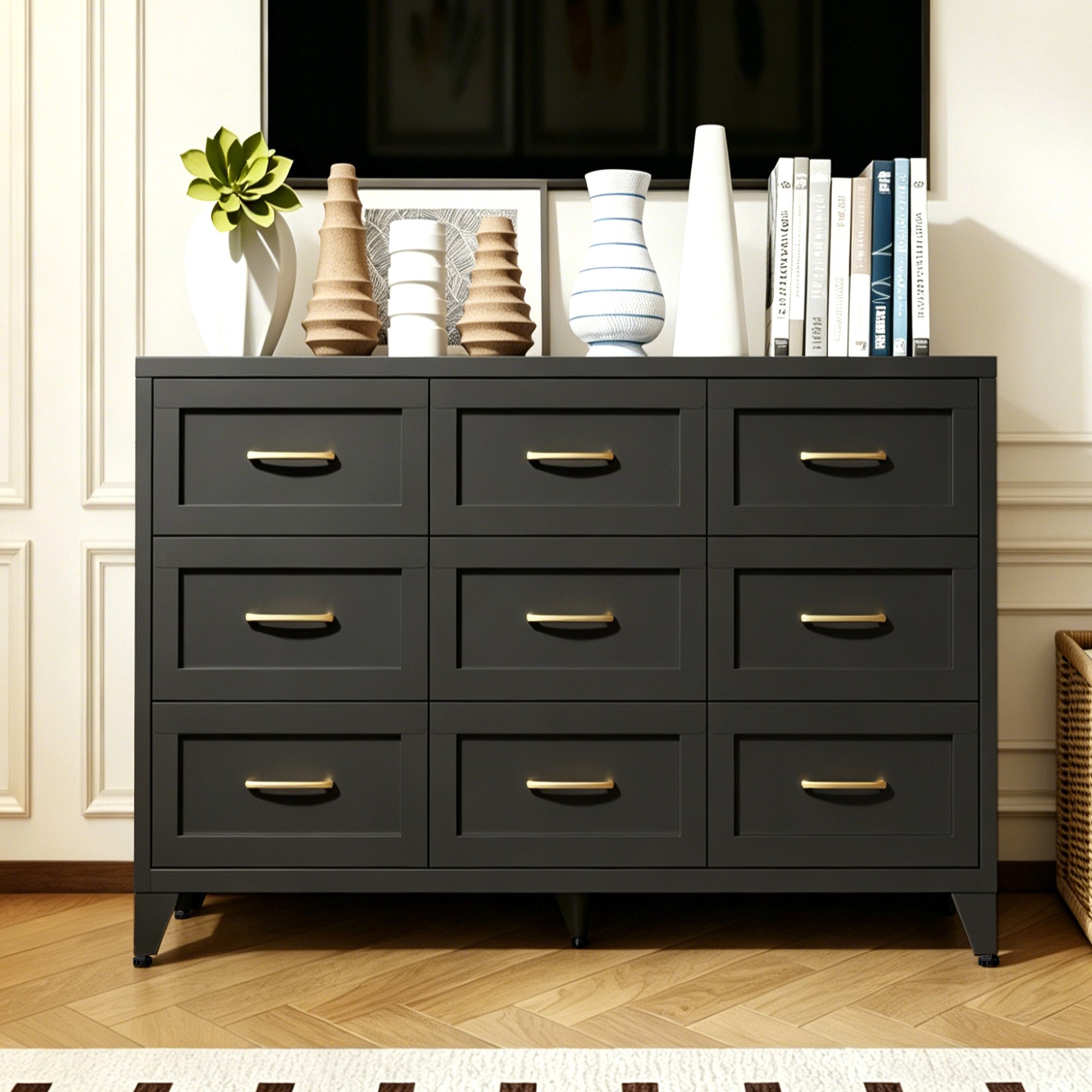 9 Drawer Dresser for Bedroom, Metal Profile Chest of Drawers