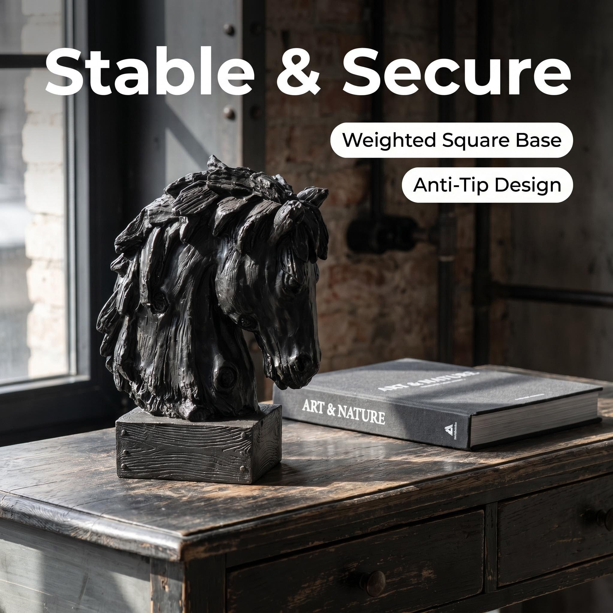 Black Rustic Horse Head Sculpture with Base