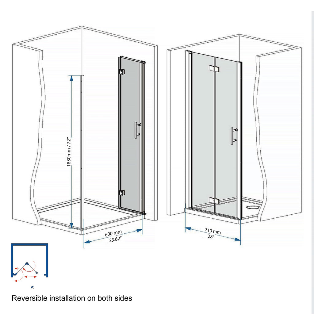 29-28" x 72" Bifold Shower Door, 1/4" (6mm) Tempered Glass