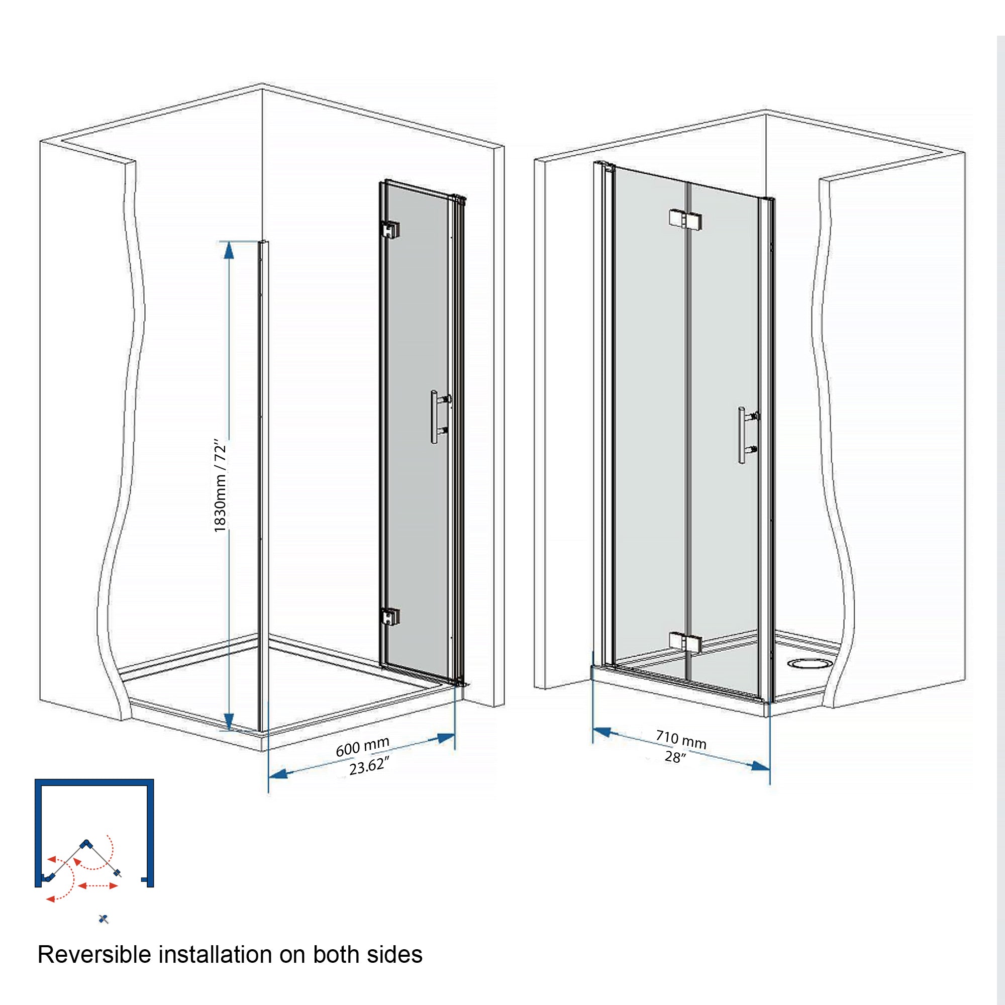 29-28" x 72" Bifold Shower Door, 1/4" (6mm) Tempered Glass