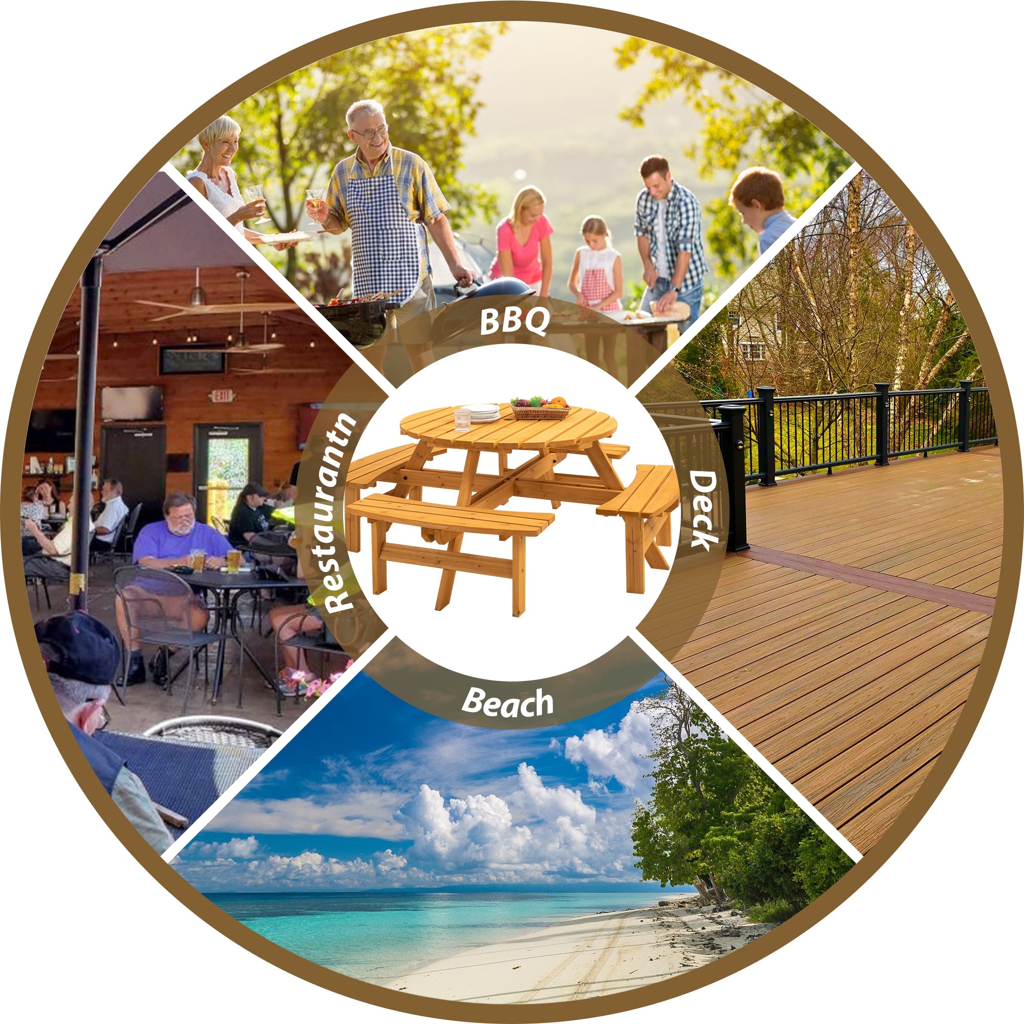 8 Person Wooden Picnic Table with Built-in Benches
