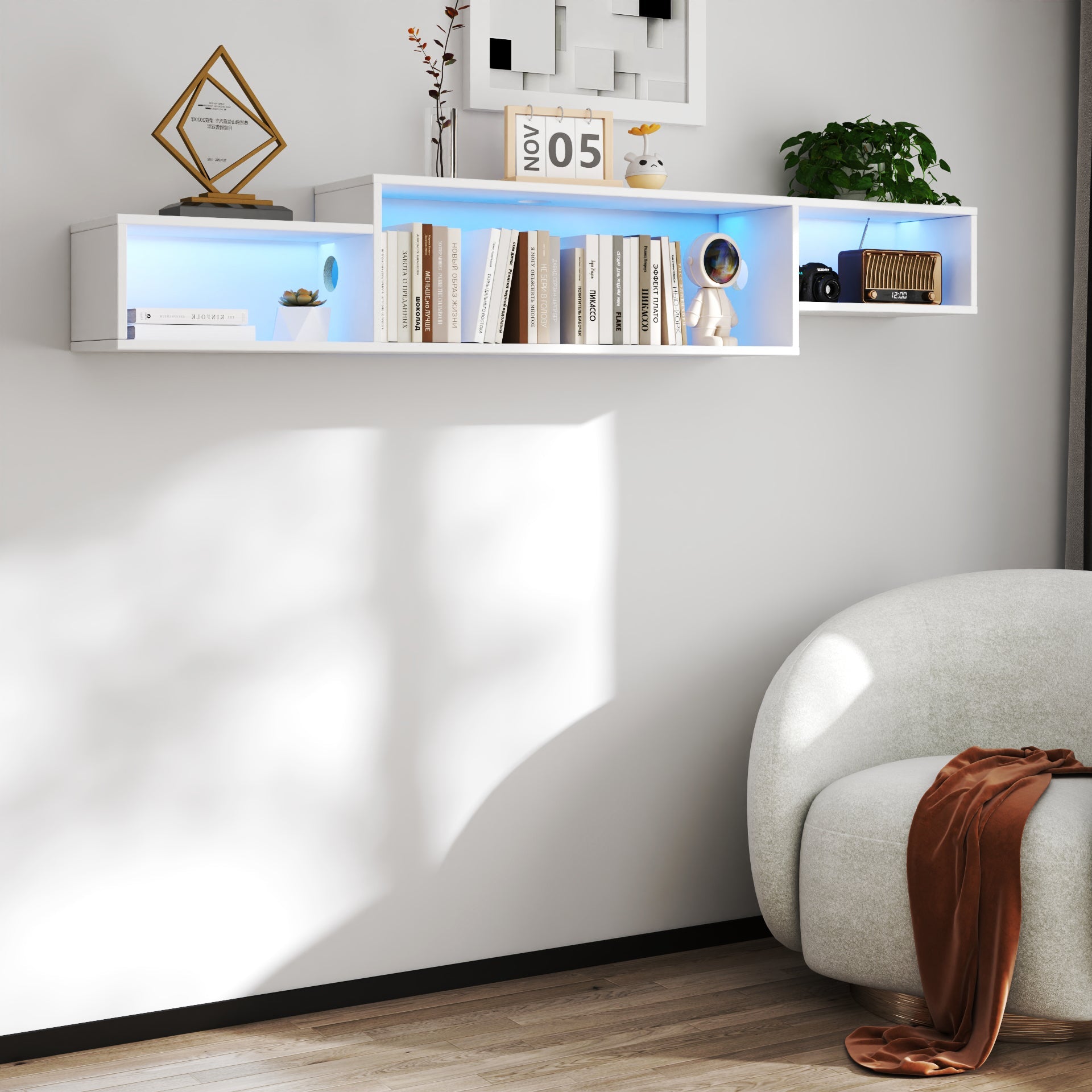 65.35in Wall Mounted Floating TV Stand with 20 Color LEDs and Charging Station