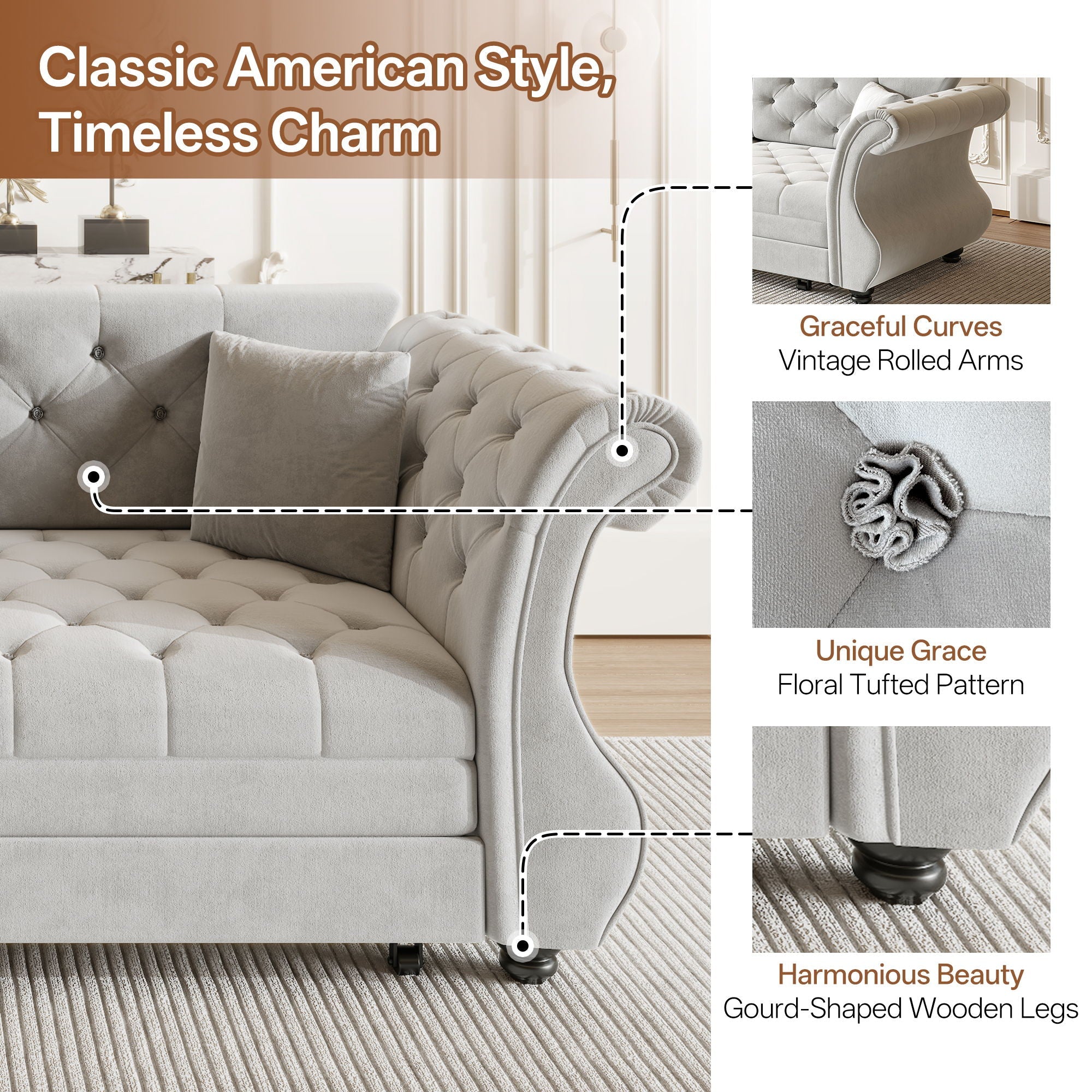 Oversized Chesterfield Pull Out Sofa Bed, Roll Arm Couch With Flower Tufting For Living Room
