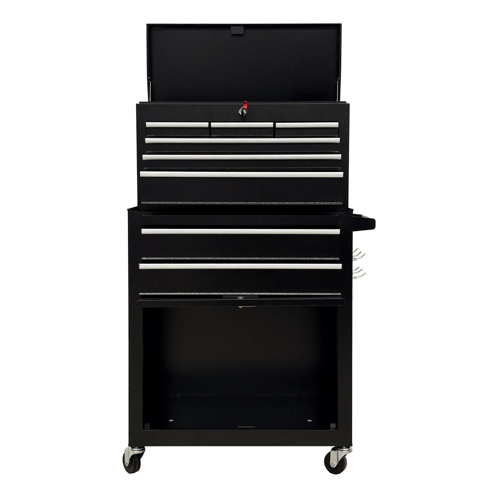 8‑Drawer High‑Capacity Rolling Tool Chest, 2‑in‑1 Detachable Top Box,Metal Tool Storage Cabinet with Drawer Liners, Lockable Wheels &  Side Hooks, Heavy‑Duty Tool Cart for Garage Workshop‑Black